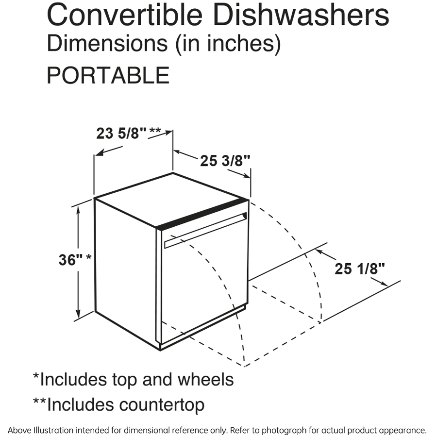 Technical line drawing showing dimensions of a portable dishwasher with door swing clearance for kitchen appliances.