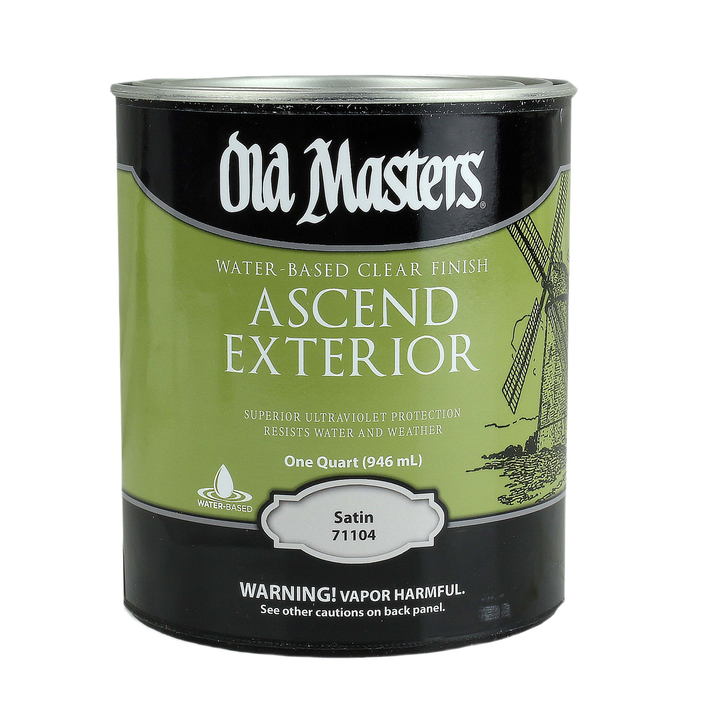 Quart can of Old Masters exterior water-based satin clear finish for wood finishing and exterior stain projects