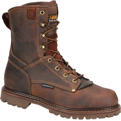 Medium brown waterproof logger boot with leather upper, durable lug sole, metal eyelets, and lace closure for rugged work use