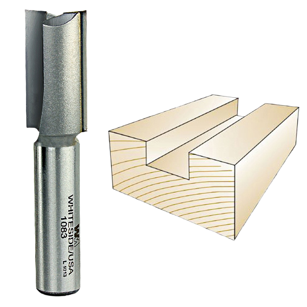 Straight woodworking router bit with metal shank and dado groove illustration for tool accessories and home improvement