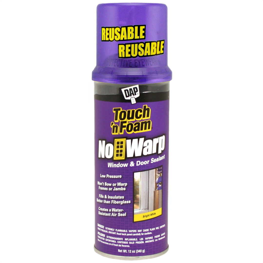 Purple can of Touch N' Foam No Warp insulating foam sealant with reusable cap and product information label