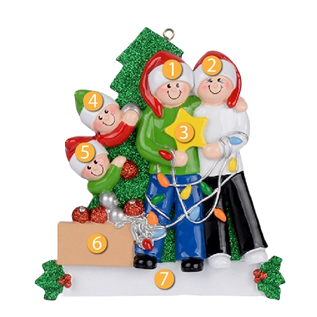 Personalized family of four figurine decorating with holiday lights and tree in Christmas Ornaments & Tree Decorations collection