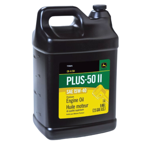 Black plastic container of John Deere premium engine oil with a yellow and green label for home improvement tools use