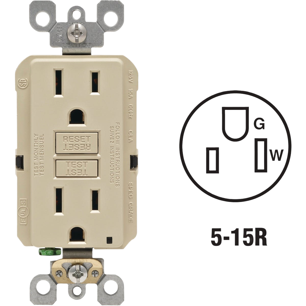 Ivory rounded GFCI outlet with reset and test buttons for electrical safety in home improvement projects