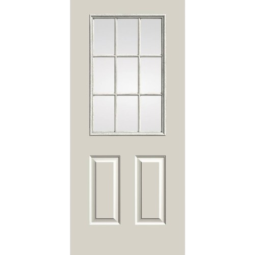 Beige steel exterior door with nine glass panes and two rectangular raised panels for home improvement projects