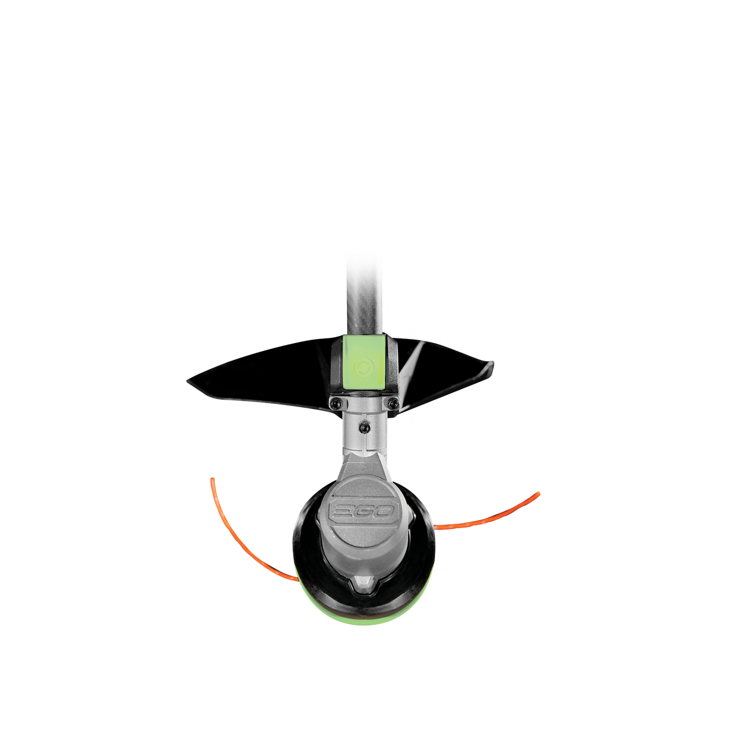 Top view of a green and black string trimmer head with dual orange cutting lines for outdoor lawn care tools.