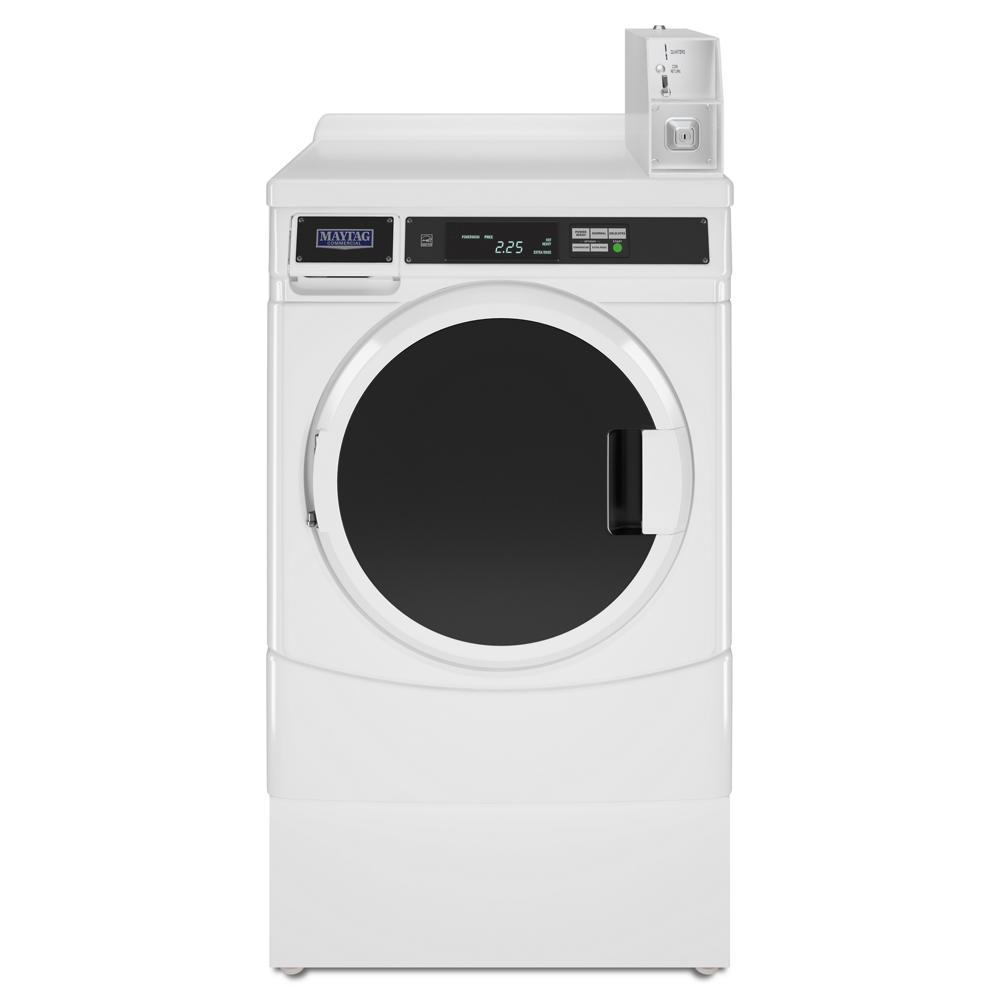 White commercial front-load washer with digital display and coin-operated mechanism for laundry and appliances collection