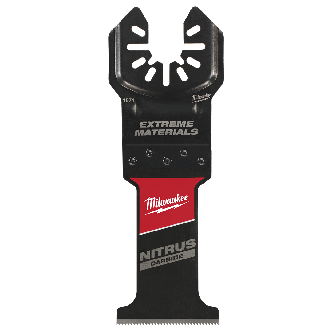 Black Milwaukee multi-tool blade with red label designed for cutting extreme materials in tools and home improvement tasks