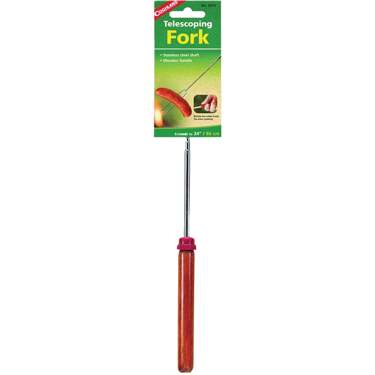 Telescoping grill fork with stainless steel shaft and wooden handle for outdoor living and grilling accessories under $50.