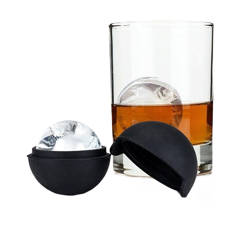 Set of black silicone molds creating clear ice spheres with a glass of whiskey in kitchen gadgets and kitchenware collections