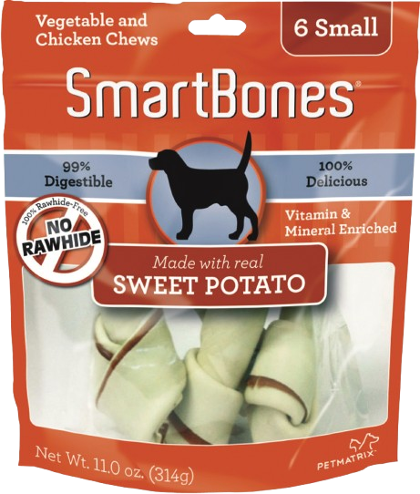 Orange and white resealable bag of small sweet potato dog chews made with real sweet potato, chicken, and vegetables
