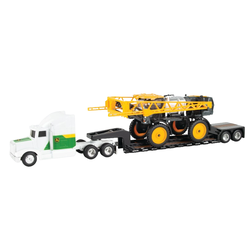 White and green semi truck pulling a black trailer carrying a yellow and black agricultural sprayer toy model