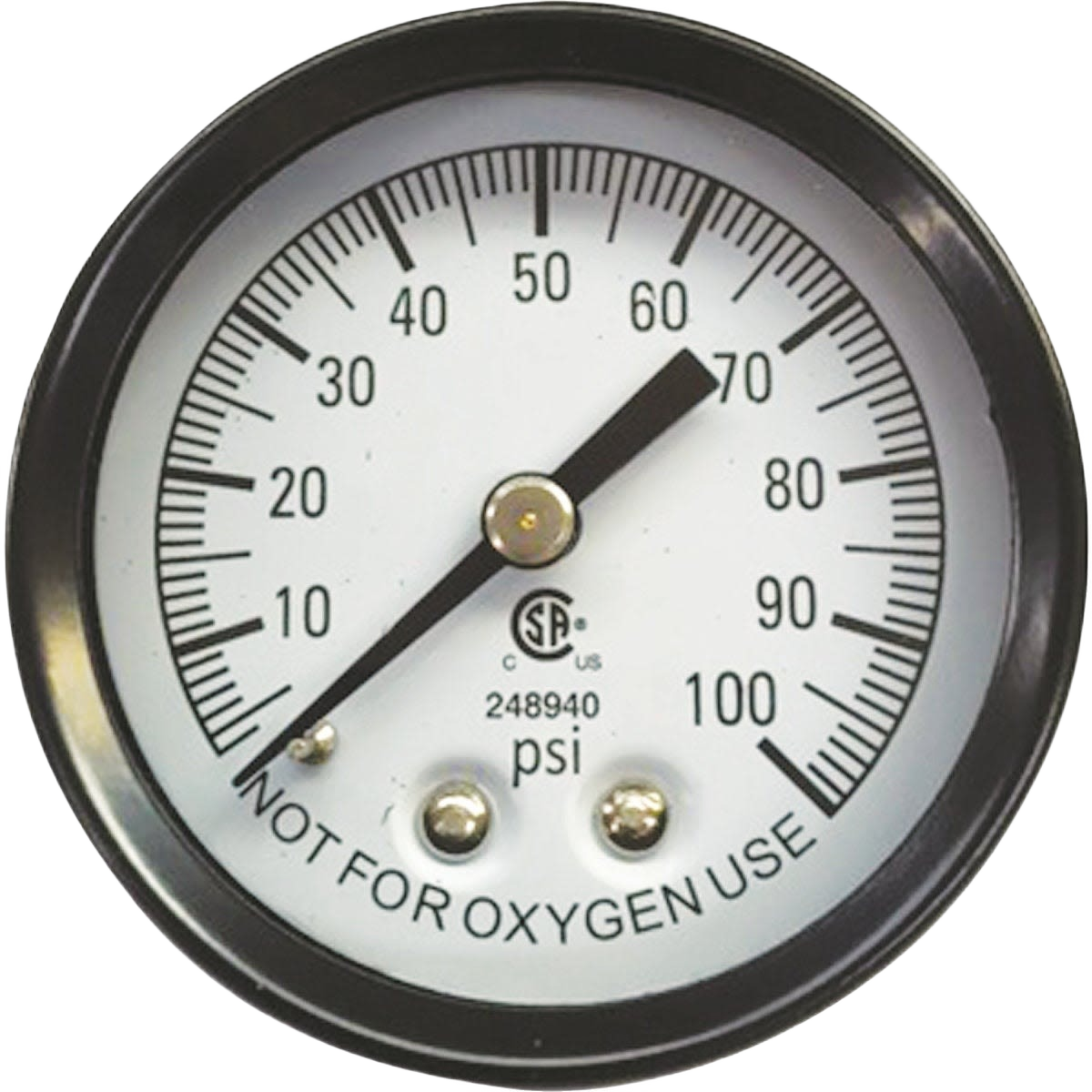 Round pressure gauge with black casing displaying psi measurements and warning for no oxygen use for home improvement tools