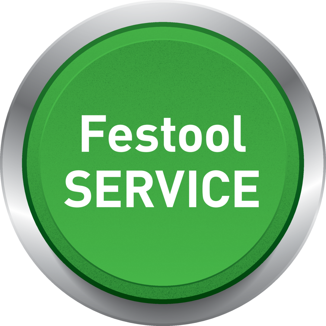 Green circular button with silver rim displaying the text Festool Service for power tool support guidance