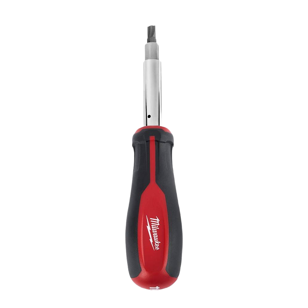 Red and black Milwaukee screwdriver handle with durable metal shaft and interchangeable bit for fastening and woodworking tasks