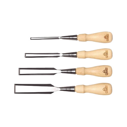 Four-piece woodworking chisel set with comfortable hornbeam wood handles for precision hand tool use in home improvement collections