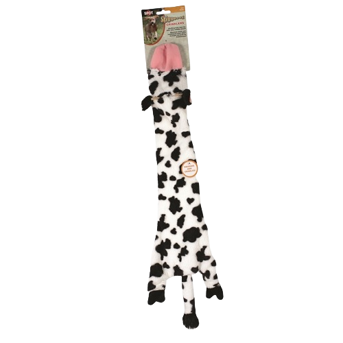 Long plush dog toy with black and white cow pattern and pink fabric ears for pet play and comfort