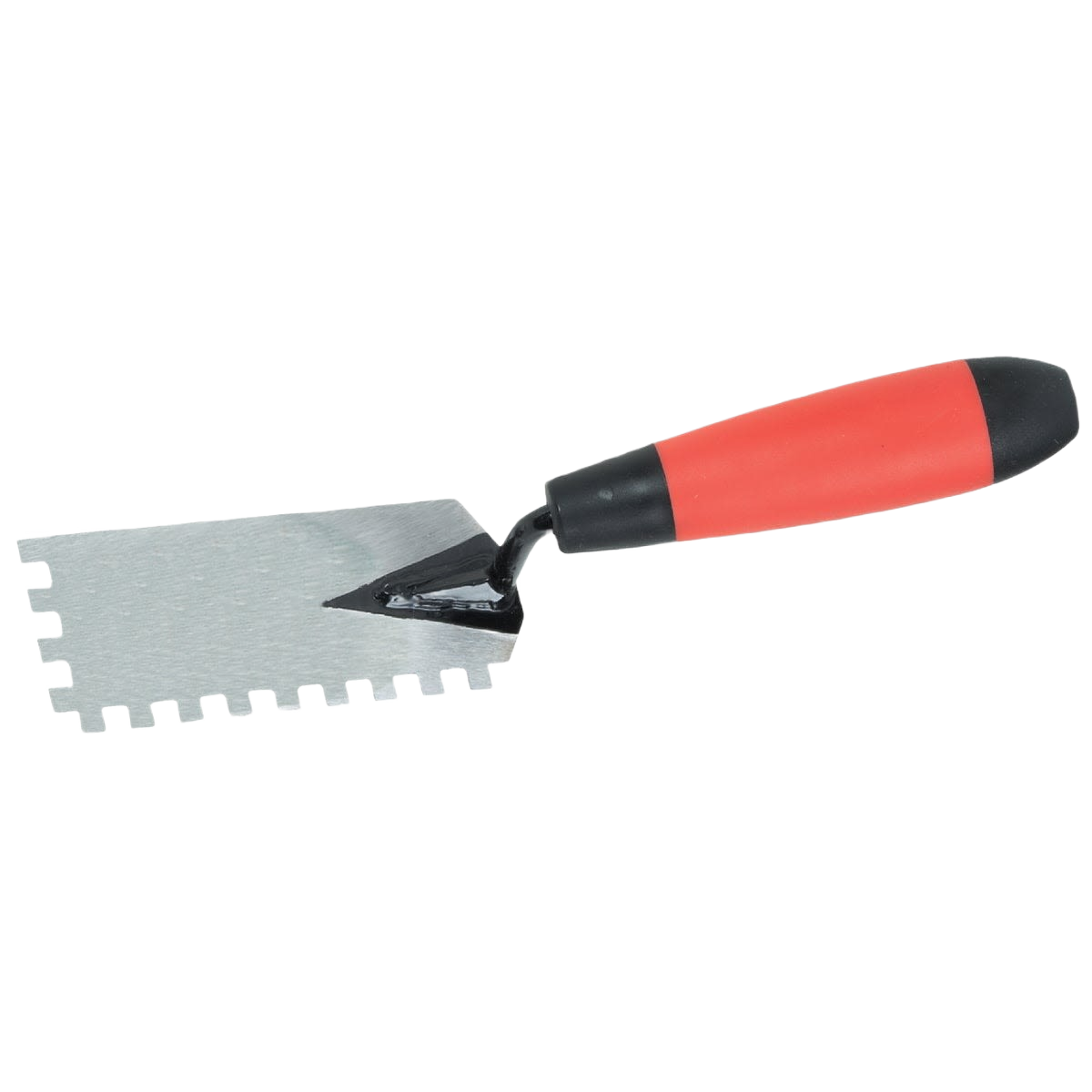 Hand tool with red and black handle and square notched metal blade for home improvement applications