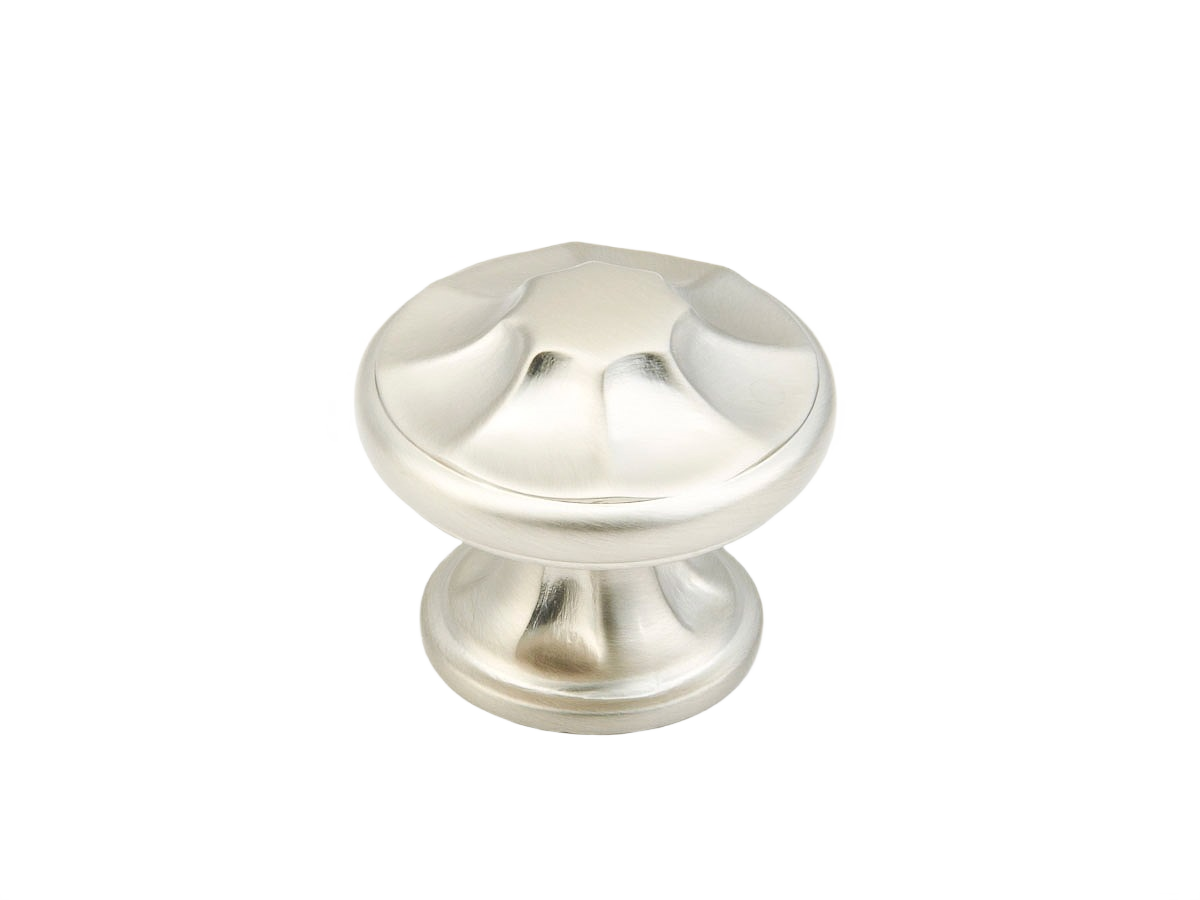 Satin nickel round cabinet knob with smooth curved details for furniture and hardware home improvement projects