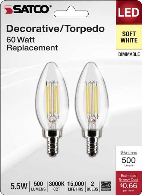 Satco 5.5 watt clear decorative LED bulbs, soft white dimmable, 500 lumens, energy-efficient lighting option under $50