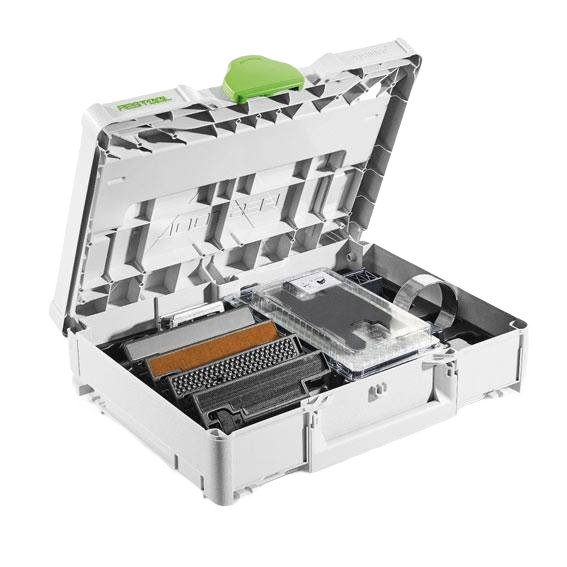 White and green compact Festool accessory kit case containing multiple jigsaw bases for tool and saw accessories collections