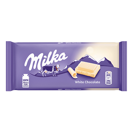 Purple Milka packaging featuring Alpine cow logo, white chocolate pieces, and milk carton icon for chocolates and candies collection