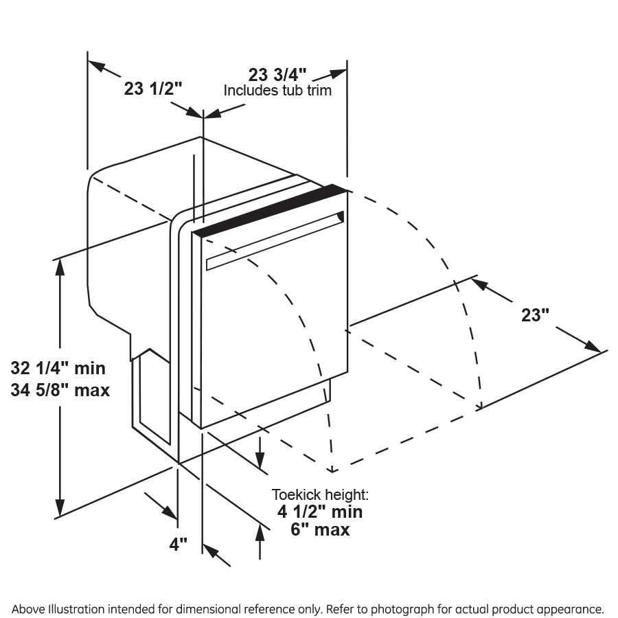 Technical line drawing showing dishwasher dimensions and door clearance for kitchen and home improvement installation.