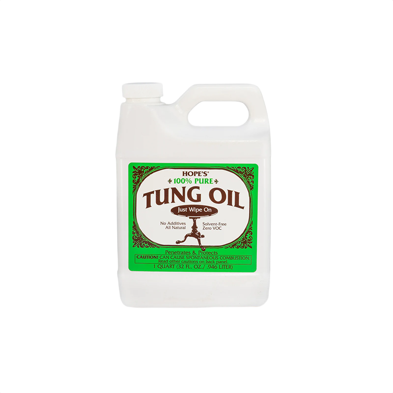 White plastic jug of pure tung oil with green and brown label for wood finishing and sealing in home improvement supplies