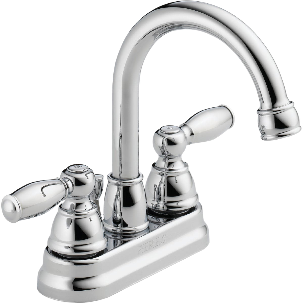 Chrome two-handle bathroom faucet with curved spout and classic lever handles for home improvement use