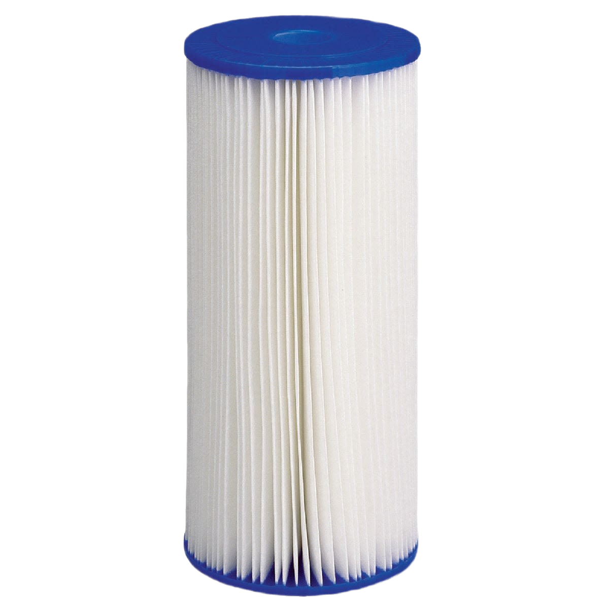Heavy duty replacement water filter cartridge with blue end caps and pleated white filtration material for home use