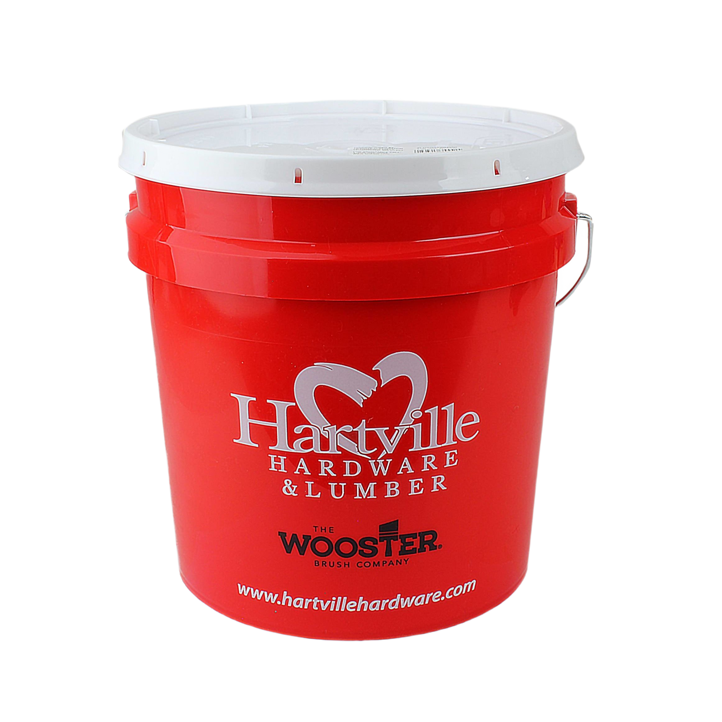 Red plastic 2-gallon bucket with white lid and Hartville Hardware logo for cleaning and paint supplies.