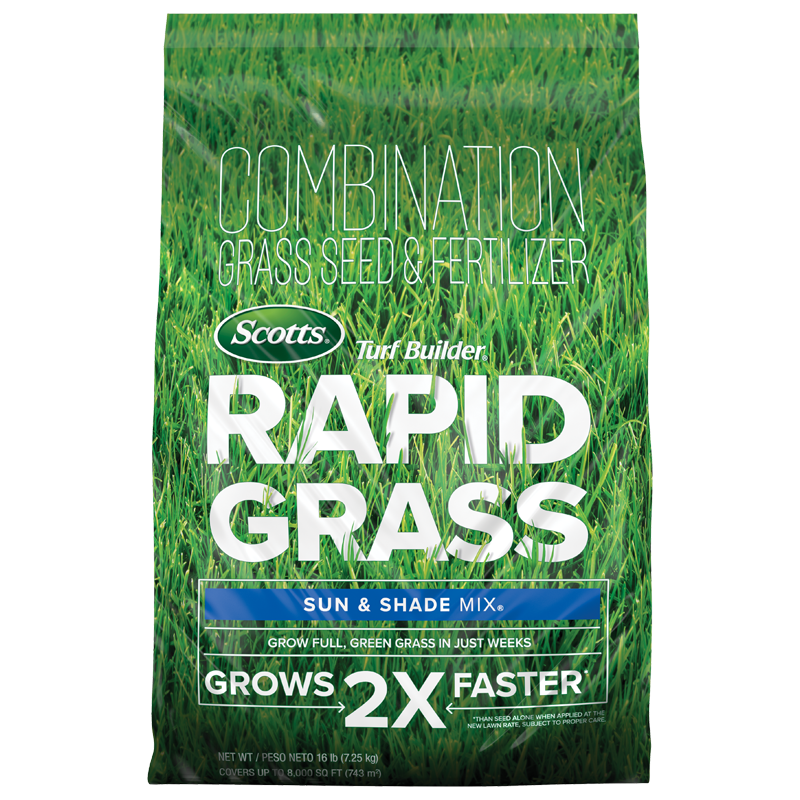 Bag of Scotts Rapid Grass seed and fertilizer mix designed for sun and shade lawns in lawn care collections under $50