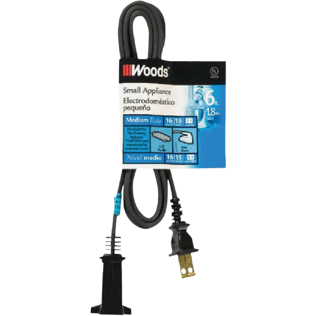 Black 6-foot medium duty appliance cord with grounded plug and socket for tools and home improvement use
