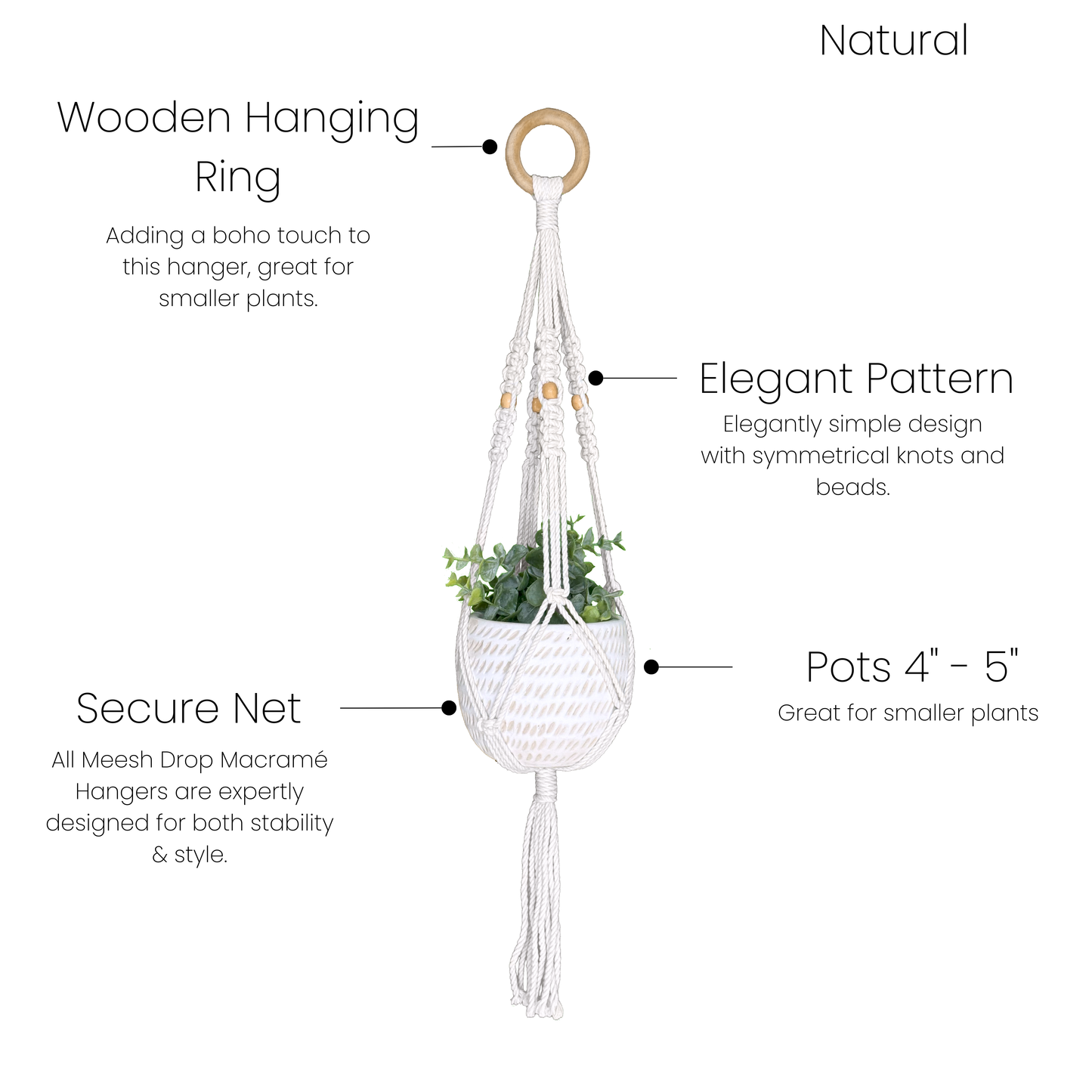 Natural cotton macrame plant hanger with wooden ring and textured pattern for home accents and decor under $50 category