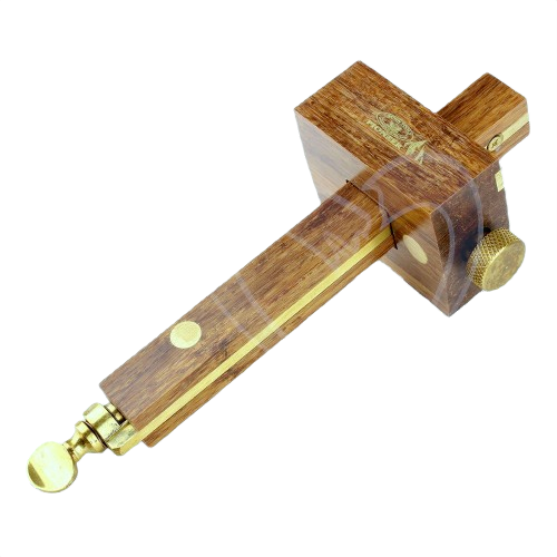Wooden mortising and marking gauge with brass fittings for precise measuring in tools and home improvement tasks