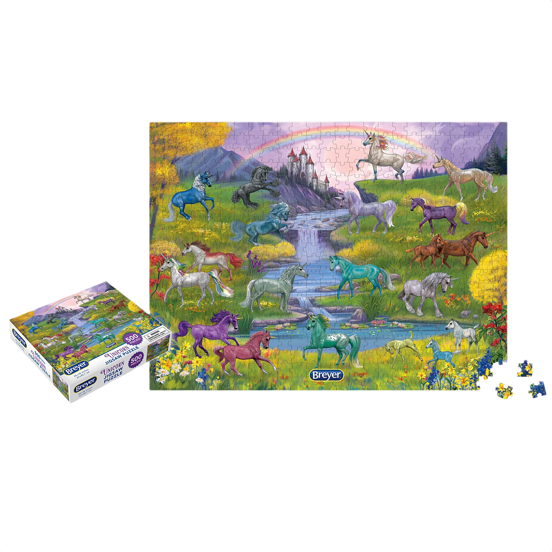 Colorful puzzle depicting unicorns in a fantasy landscape with castle, rainbow, and flowing river scene