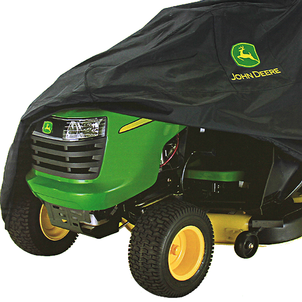 Black durable cover with brand logo protecting green riding mower for tool and home improvement use