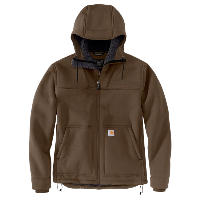 Men's coffee brown sherpa-lined jacket with hood and zipper front for outerwear and clothing collections