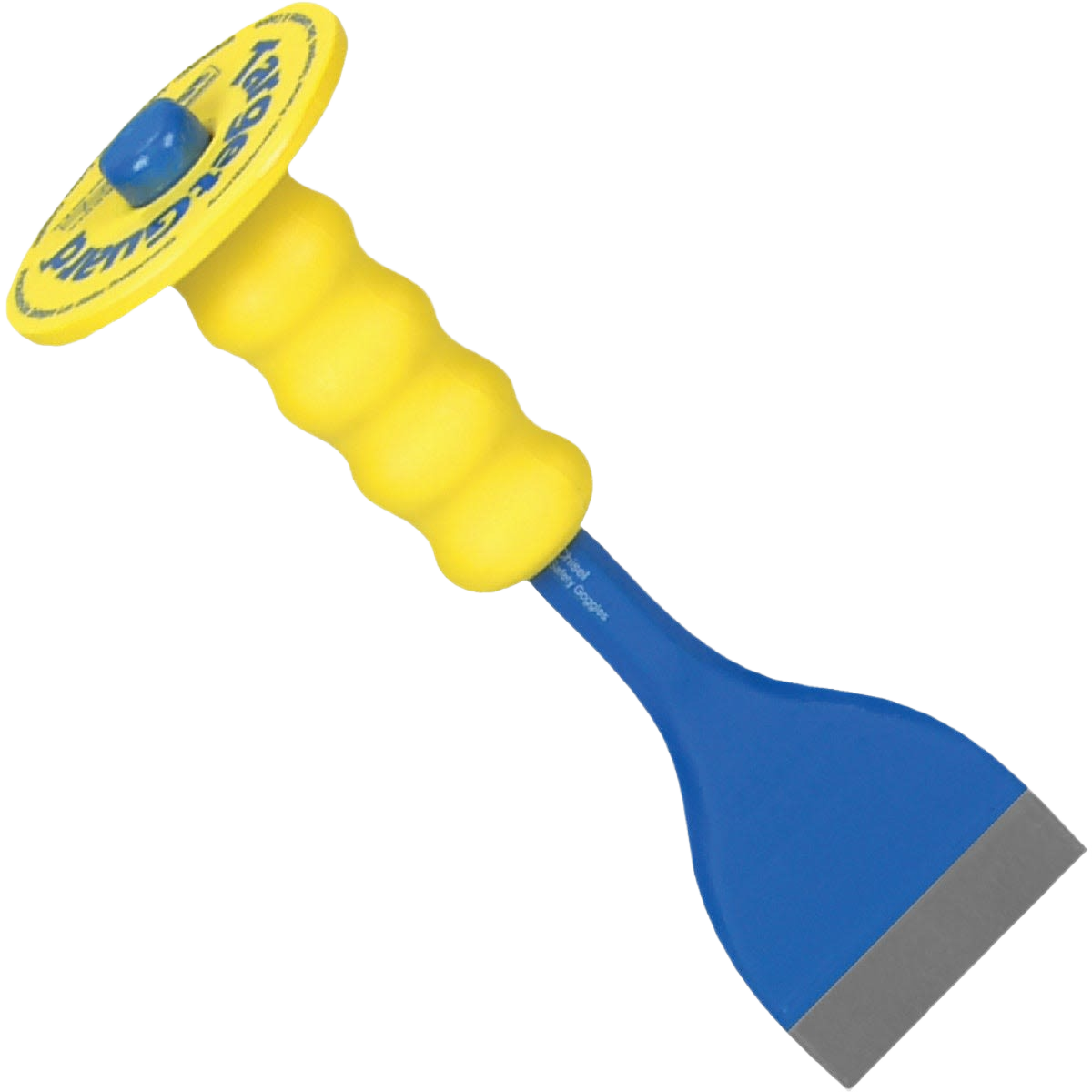Steel floor chisel with high-carbon blade and yellow shock-absorbing plastic guard for woodworking and hand tool use