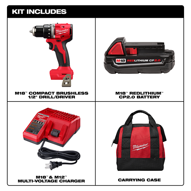 Red and black Milwaukee brushless cordless drill with battery, multi-voltage charger, and carrying bag for home improvement tools