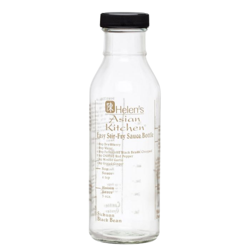 Clear glass stir-fry sauce bottle with black lid and printed recipe markings for kitchen storage under $50 collections