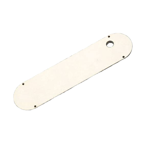 White zero clearance insert plate with rounded ends and a central mounting hole for table saw use