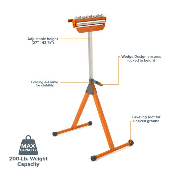 Orange and silver A-frame pedestal roller stand with adjustable height and leveling foot for home improvement projects