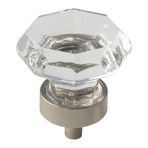 Polished nickel cabinet knob with luminous faceted glass top for home improvement and furniture upgrades