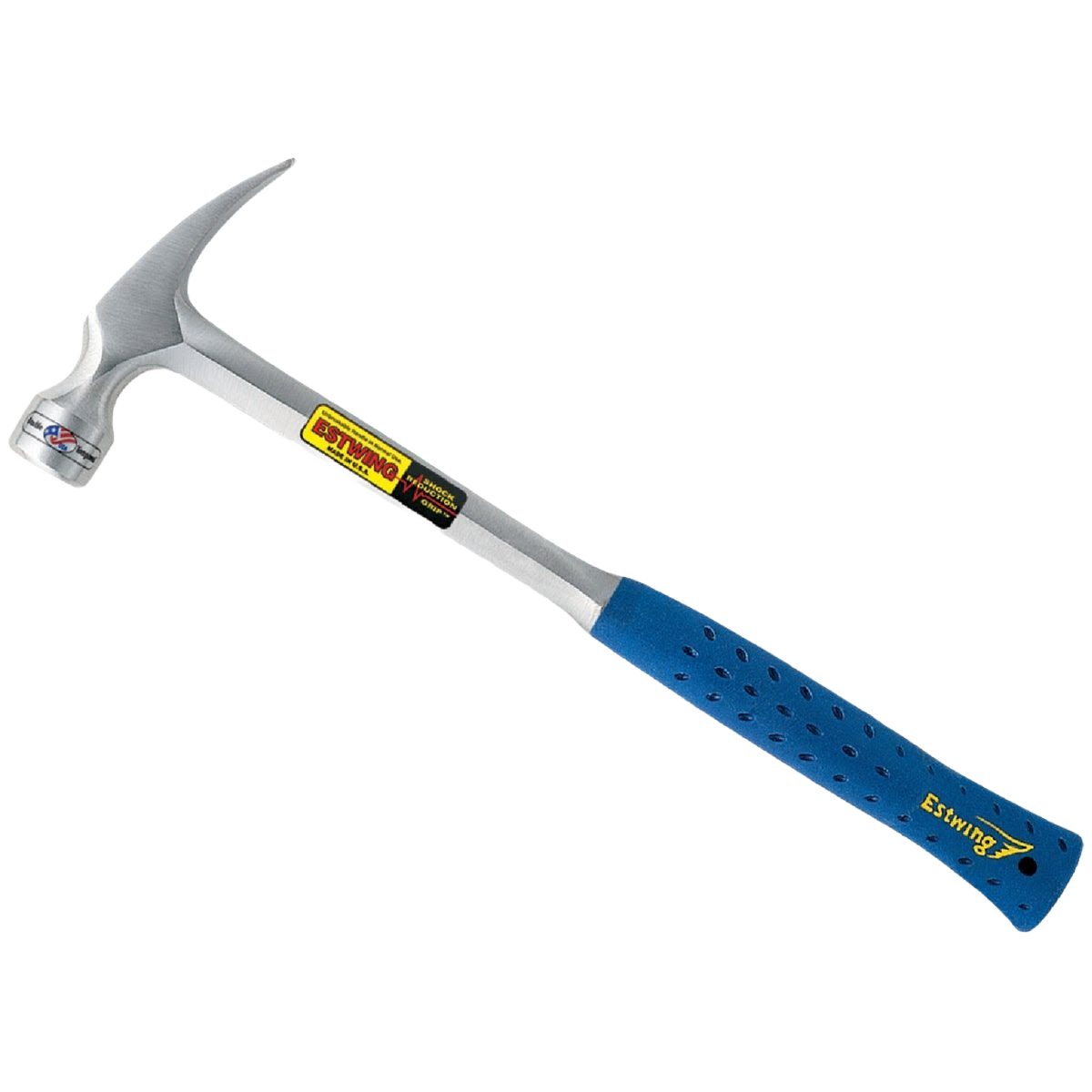 Claw hammer with steel head and blue nylon-covered handle for tools and home improvement projects