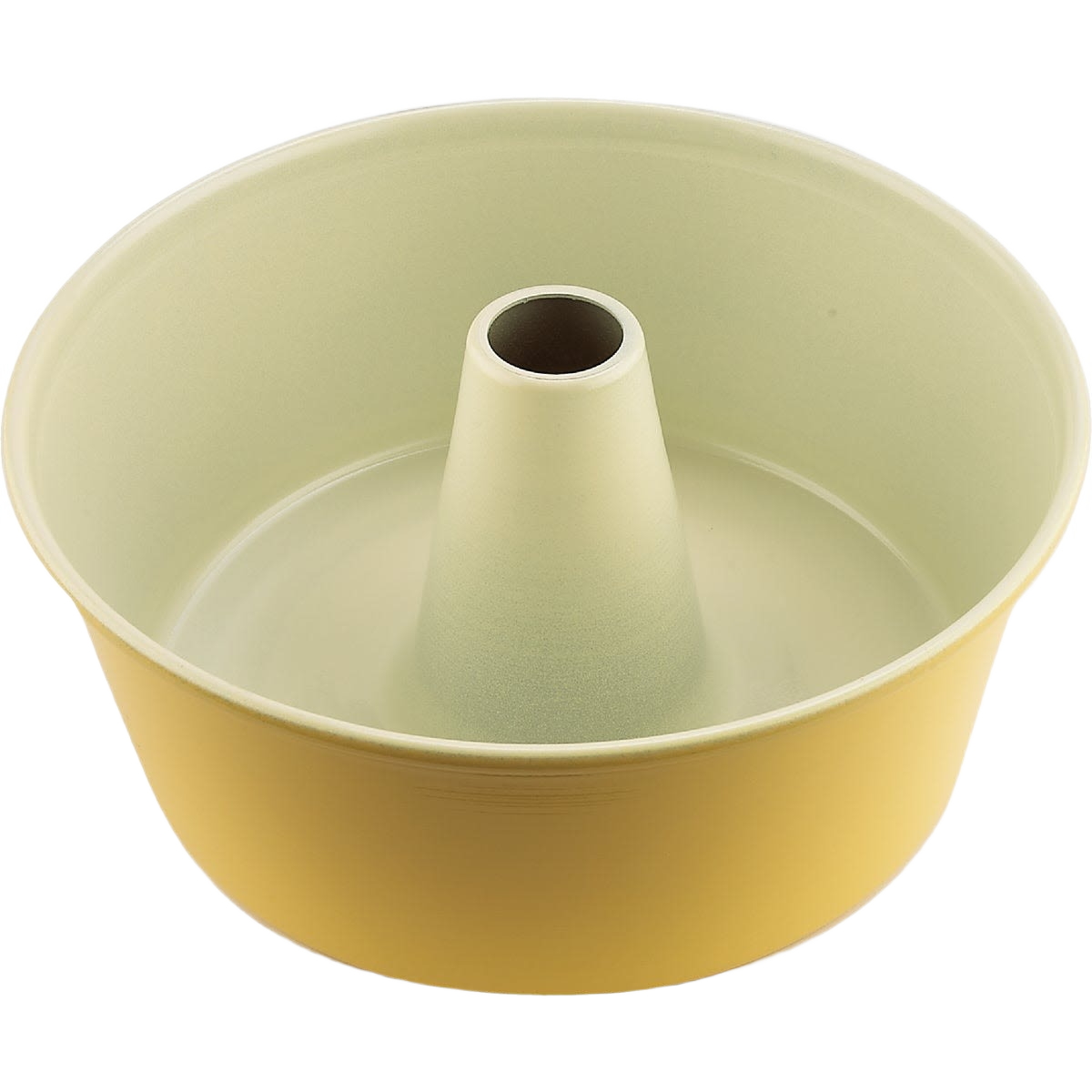 Non-stick 10-inch angel food cake pan in pale yellow with central tube for even baking and easy release