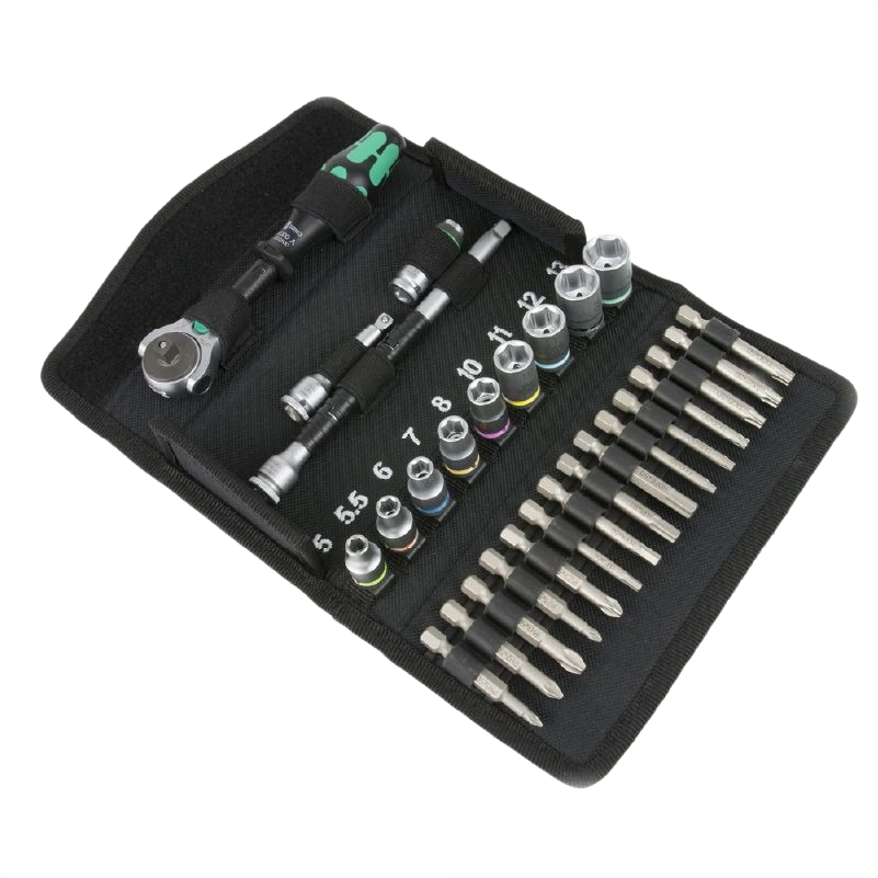 28-piece metric ratchet and socket set with driver and bits in compact case for hand tools and home improvement projects