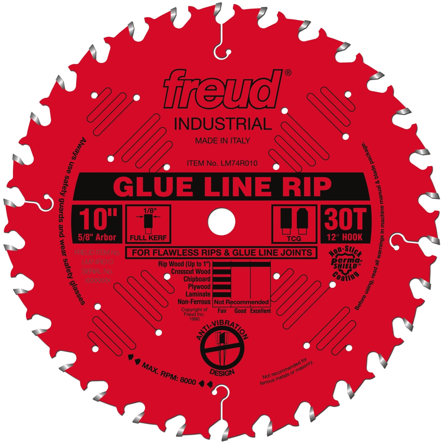 Red 10-inch saw blade with 30 teeth designed for smooth ripping and glue line joints in woodworking projects
