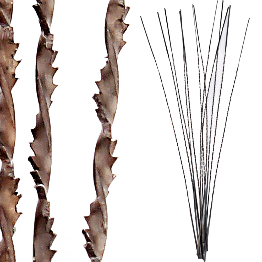 Close-up of multiple flat end spiral saw blades with sharp teeth arranged side by side for tool use in home improvement projects