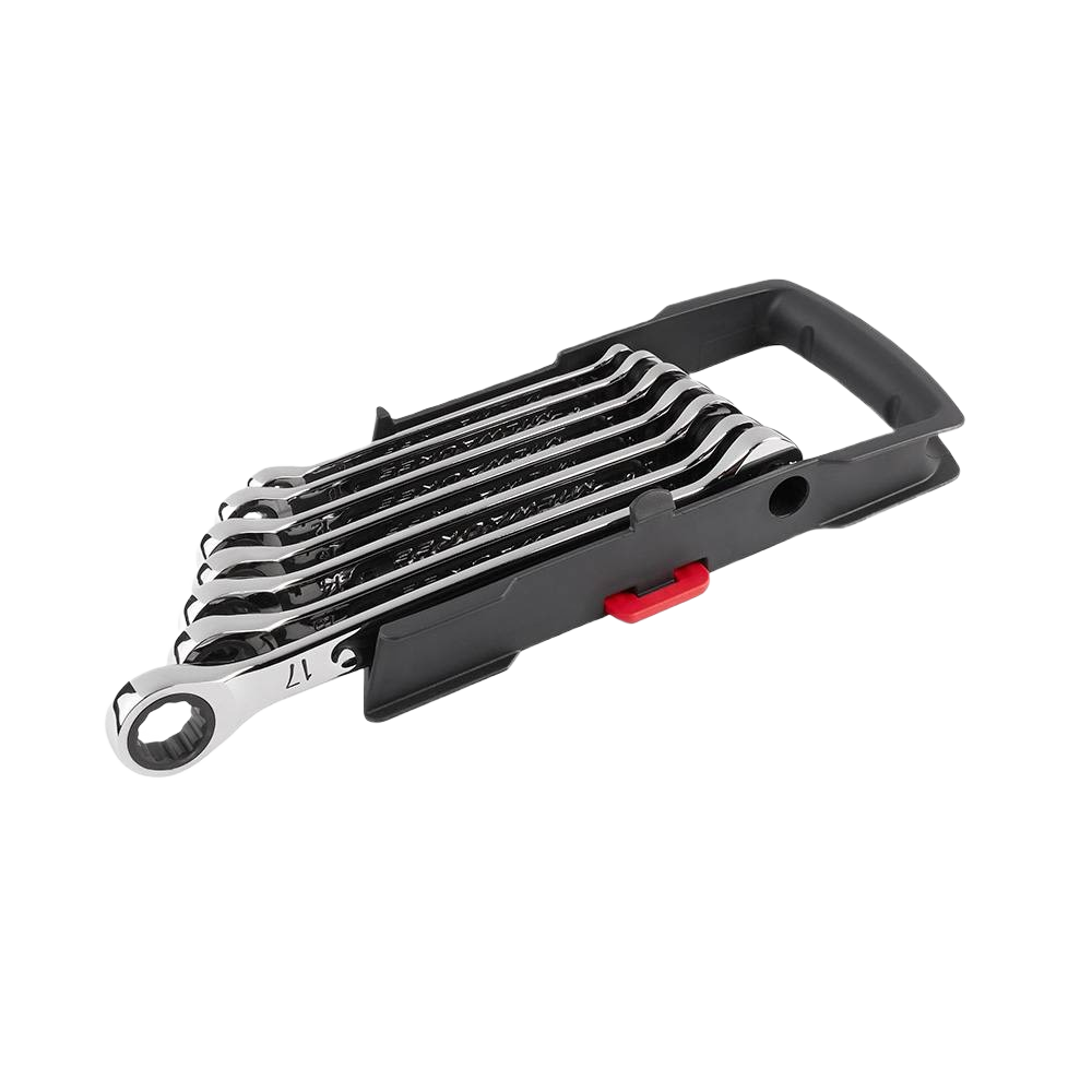 Set of seven polished ratcheting combination metric wrenches in black plastic holder for tools and home improvement tasks
